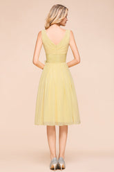 Affordable V-Neck Daffodil Chiffon Short Bridesmaid Dress with Ruffle-27dress